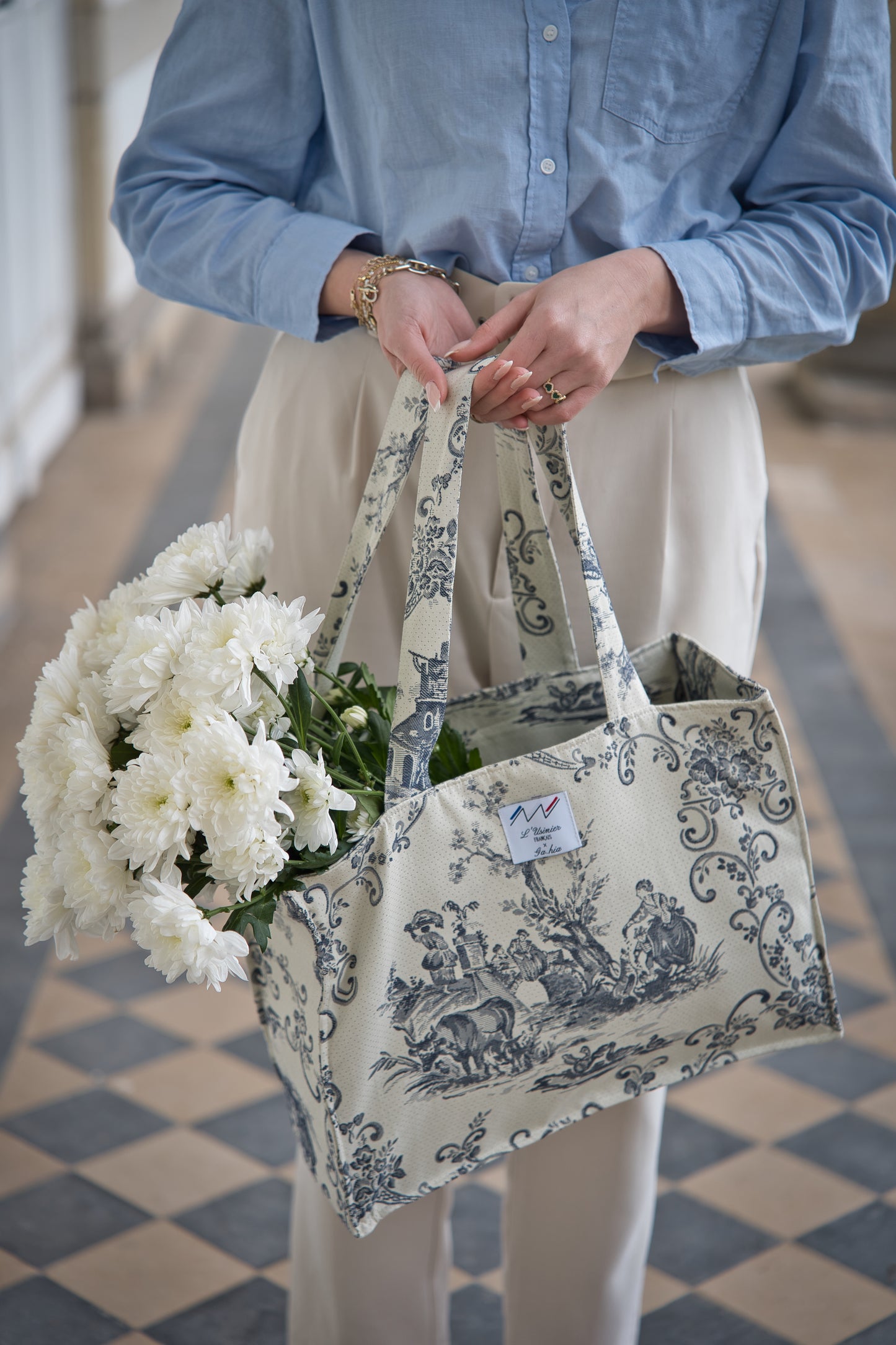 Sac Lucien toile de Jouy bleue